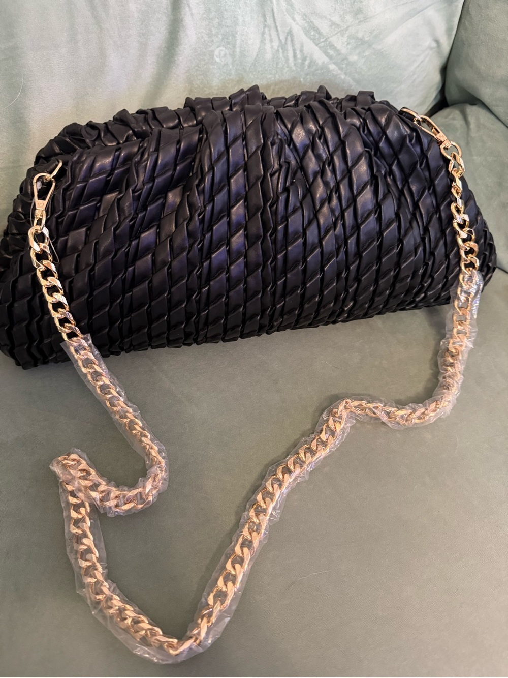 Woven Chain-Handle Shoulder Bag - Black